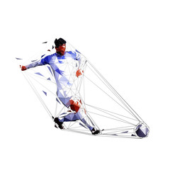 Soccer player kicking ball, attacker shoots. Isolated low polygonal vector illustration