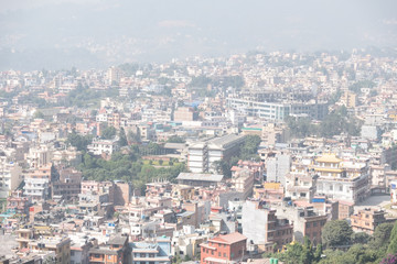 Naklejka premium Kathmandu Nepal aerial view.Air Pollution pm 2.5 over the city.Kathmandu Valley view from Swayambhunath Temple