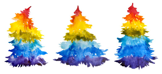 watercolor hand drawn illustration with three rainbow lgbtq flag Christmas trees for festive cards design paper textile gay pride holiday Happy new year with bright intense vibrant colors