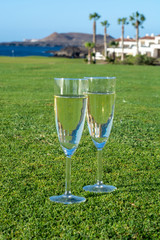 Two glasses with  bubbles white champagne or cava wine served on green golf club grass with mountains view during golf competition event or celebration