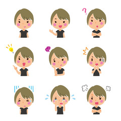 若い女性の表情のイラストセット