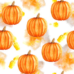 seamless watercolor hand drawn pattern with abstract yellow orange blobs stains and ripe organic pumpkin squashes for halloween thanksgiving design paper textile harvest celebration fall autumn season
