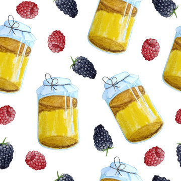 Watercolor Hand Drawn Seamless Pattern White Isolated Background Yellow Kombucha Jars Raspberry Blackberry Berries Probiotics Super Food Fermented Fermentation Bacteria Beverage Natural Healthy