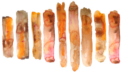 illustration set of hand painted watercolor red orange brown ochre stripes of natural organic shapes with bright vibrant intense colors for autumn fall design textile wallpaper trendy modern style