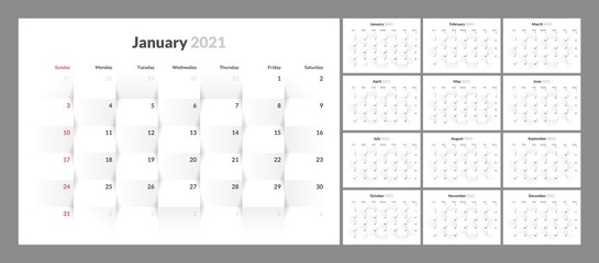 Wall calendar for 2021 year in clean minimal style. Corporate design planner template. Week Starts on Sunday. Set of 12 Months. Ready for print.
