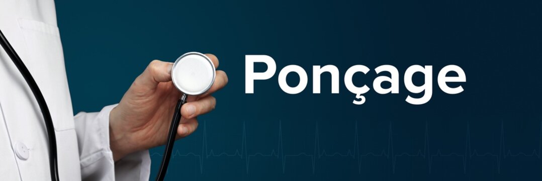 Poncage. Arzt im Kittel h&auml;lt Stethoskop. Das Wort Oxazine steht daneben. Symbol f&uuml;r Medizin, Krankheit, Gesundheit