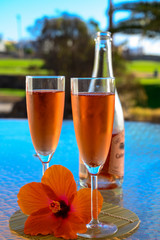 Two glasses of rose bubbles champagne or cava wine served outside on paradise island with palms and green grass