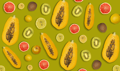 Collage photo of papaya and grapefruit with yellow copy space, fruit concept