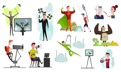 Fototapeta na wymiar Movie making concept with director and actors. Film set cameraman and sound engineer lighting isolated vector illustration. A vector illustration of movie production scene