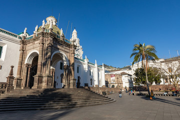 Fototapeta premium QUITO, ECUADOR - FEBRUARY 07, 2020: Plaza Grande and Metropolitan Cathedral, historic colonial downtown of Quito, Ecuador. South America.
