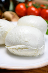 Fototapeta na wymiar Cheese collection, white italian mozzarella cheese balls for salad or for appetizer snacks from deli shop in New York, USA