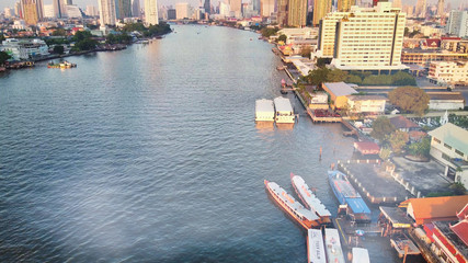 Overhead aerial view of boats on the Chao Phraya River, Bangkok