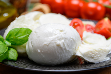 Cheese collection, white italian mozzarella cheese balls for salad or for appetizer snacks from deli shop in New York, USA