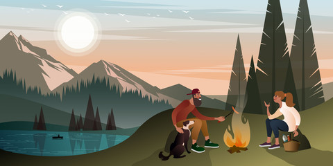 Young couple with a dog on a halt near a campfire in the mountains on a warm summer evening. Flat graphic vector illustration. - obrazy, fototapety, plakaty