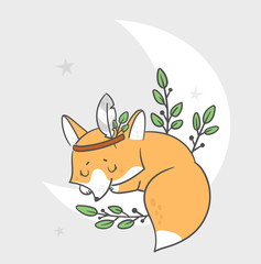 Childish print with cute baby fox. Sweet dreams little one. Illustration with little forest animal  for kids. Ideal for creating posters, cards, prints, digital paper, kid clothing, nursery prints