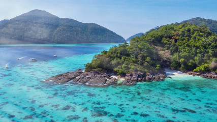 Amazing aerial view of Surin Islands from drone on a sunny day, Thailand. Surin National Park