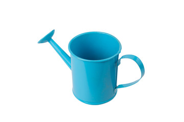 Blue watering can with handle on white on isolated background