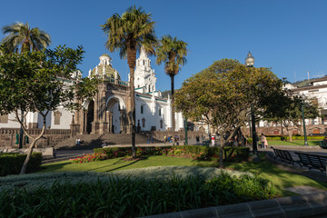 QUITO, ECUADOR - FEBRUARY 07, 2020: Plaza Grande and Metropolitan Cathedral, historic colonial...