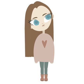 standing girl isolated on white background. big blue eyes. small brunette child. Cheerful hipster kid. Cartoon pretty girl in pink sweater used for child books, stickers, posters.