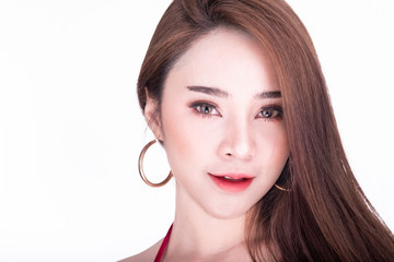 Fototapeta premium Portrait of beautiful thai woman isolated in white background. Close up.