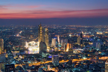 Aerial view of Bangkok Downtown Skyline at sunset, Thailand