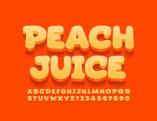 Vector bright banner Peach Juice. Orange 3D Font. Modern Alphabet Letters and Numbers for Kids
