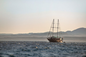 Fototapeta na wymiar Sea Ship Sailing Under Sunset View, Sharm El Sheikh, Egypt