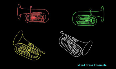 Outline forms of musical instruments as baritone and euphonium ensemble in simple vivid contour illustration on a black background