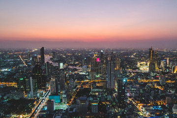 Aerial view of Bangkok city at sunset, from Mahanakhon SkyWalk, Thailand, Asia