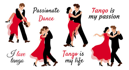 Four couples in different poses dance tango. Man and woman dancing passionate dance in flat style. Vector illustration for competition, festival or celebration. Red and black graphics with lettering