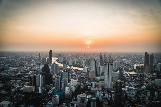 Aerial View Of Bangkok City At Sunset, From Mahanakhon SkyWalk, Thailand, Asia