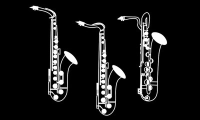White color line drawings of outline Alto Saxophone, Tenor Saxophone and Baritone Saxophone musical instrument contour on a black background