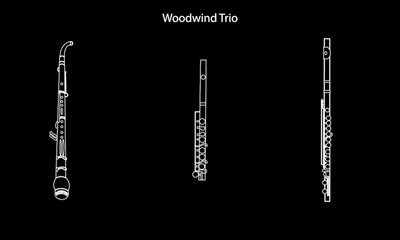 White color line, shape or outline forms of musical instruments as woodwind trio which includes english horn, piccolo and flute in contour illustration