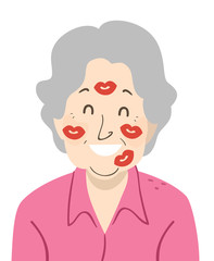 Woman Grandmother Face Kisses Illustration