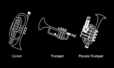 Outline forms of musical instruments as cornet, trumpet and piccolo trumpet white contour illustration on a black background