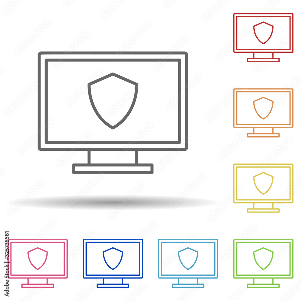 Poster shield on the screen in multi color style icon. simple thin line, outline vector of virus antivirus 
