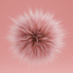 3D pastel pink fluffy fur ball levitating. Realistic round ball flying in the air. Candy colors and white over pink background. Trendy abstract 3D pom pom soft render illustration for poster or card.