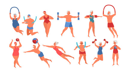 Set of old people doing exercise with swimming pool equipment.
