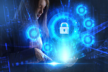 Business, Technology, Internet and network concept. Young businessman working on a virtual screen of the future and sees the inscription: