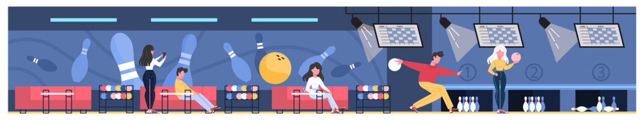 Bowling club room interior set. People going bowling at game zone