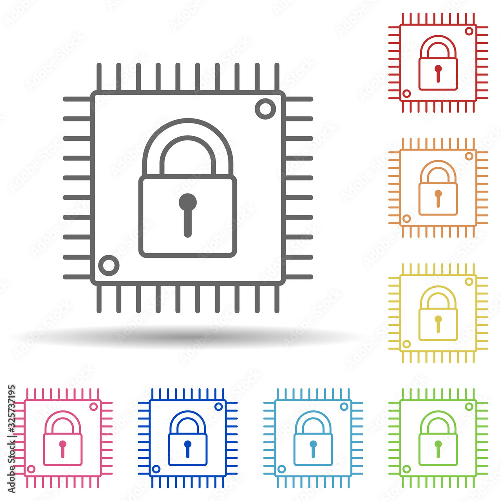 Aufkleber lock in cpu in multi color style icon. simple thin line, outline vector of virus antivirus icons for