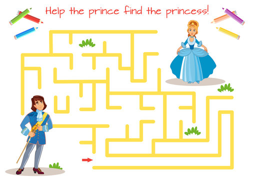 Help the prince find the princess! Educational game for children. Cartoon vector illustration. Maze.