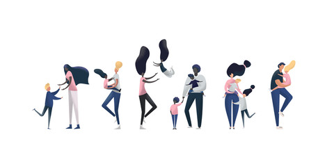 Collection of mothers, fathers and children spending time together. Set of parents and kids isolated on white background. Flat cartoon vector illustration.