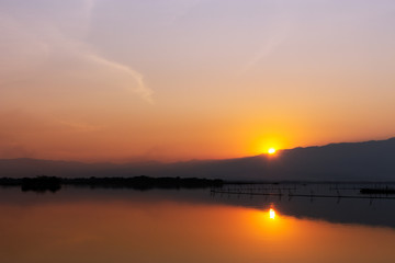 Beautiful View of Kwan Phayao, Thailand with soft-focus and over light in the background
