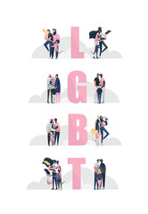 Collection of LGBT families with children. Bundle of male, female and transgender romantic partners isolated on white background. Vector illustration in flat cartoon style.