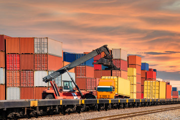 crane lifting container box to container truck a logistics transports in shipyard, a supply chain technology and logistics concept - obrazy, fototapety, plakaty