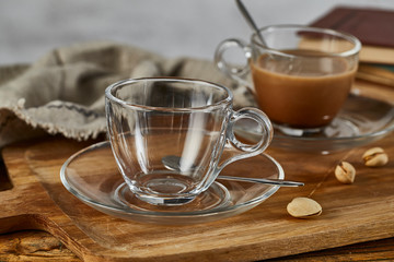 Hot coffee in a glass coffee cup