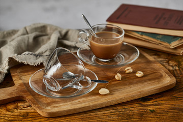Hot coffee in a glass coffee cup