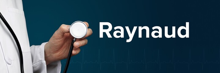 Raynaud. Arzt im Kittel hält Stethoskop. Das Wort Raynaud steht daneben. Symbol für Medizin, Krankheit, Gesundheit