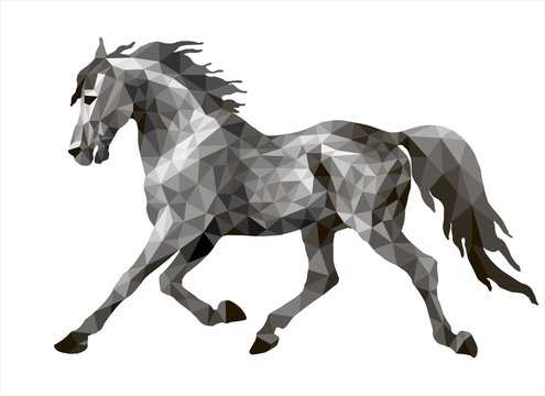 silver running pony drawn in polygonal style, monochrome isolated image on a white background